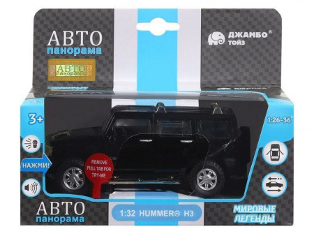Фото Машина "АВТОПАНОРАМА" Hummer H3, черный, 1/32, свет, звук, инерция, в/к 17,5*13,5*9 см | Инномарт