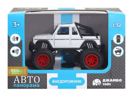 Фото Машина "АВТОПАНОРАМА" "Внедорожник-пикап", белый, 1/32, свет, звук, инерция, в/к 19*10*12,5 см | Инномарт