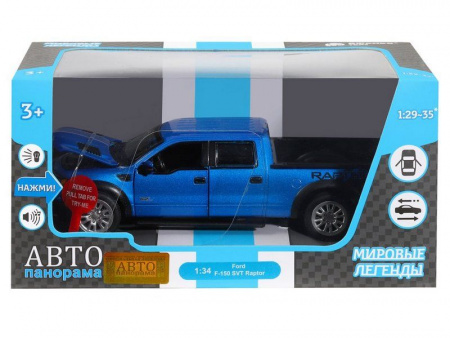 Фото Машина "АВТОПАНОРАМА" Ford F-150 SVT Raptor, синий, 1/34, свет, звук, инерция, в/к 20*10*11 см | Инномарт