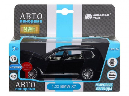 Фото Машина "АВТОПАНОРАМА" BMW X7, черный, 1/32, свет, звук, инерция, в/к 17,5*13,5*9 см | Инномарт