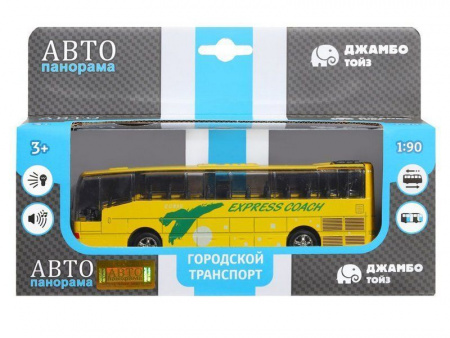 Фото Автобус "Автопанорама", желтый, 1/90, свет, звук, инерция, в/к 22*13,5*5,8 см | Инномарт