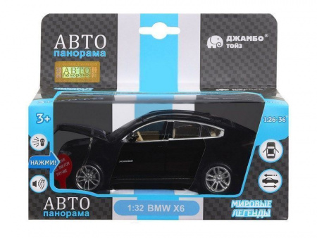 Фото Машина "АВТОПАНОРАМА" BMW X6, черный, 1/32, свет, звук, инерция, в/к 17,5*13,5*9 см | Инномарт