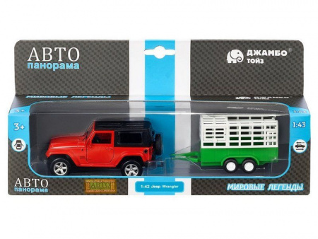 Фото Машина "АВТОПАНОРАМА" Jeep Wrangler c прицепом для перевозки животных, 1/43, инерция, в/к | Инномарт