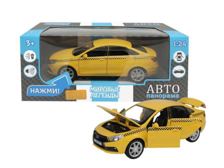 Фото Машина "АВТОПАНОРАМА" LADA VESTA "ТАКСИ" желтый, 1/24, свет, звук, инерция, в/к 24,5*12,5*10,5 см | Инномарт