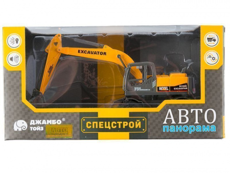 Фото Машина "АВТОПАНОРАМА" ЭКСКАВАТОР НА КОЛЕСАХ, 1/50, оранжевый, свет, звук, в/к 25*10*13 см | Инномарт