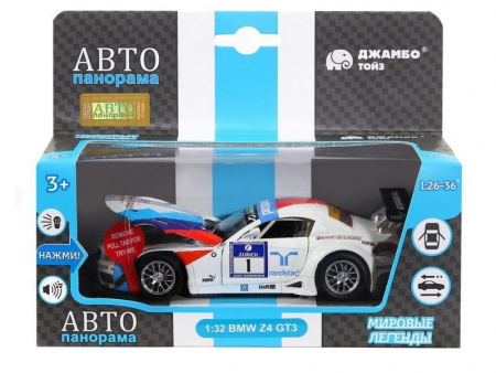 Фото Машина "АВТОПАНОРАМА" BMW Z4 GT3, белый, 1/32, свет, звук, инерция, в/к 17,5*13,5*9 см | Инномарт