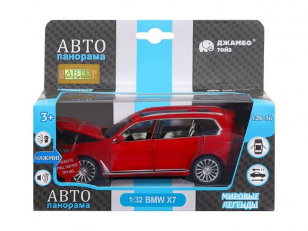 Фото Машина "АВТОПАНОРАМА" BMW X7, красный, 1/32, свет, звук, инерция, в/к 17,5*13,5*9 см | Инномарт