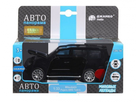 Фото Машина "АВТОПАНОРАМА" Mitsubishi Pajero 4WD Tubro, черный, 1/33, свет, звук, в/к 17,5*13,5*9 см | Инномарт