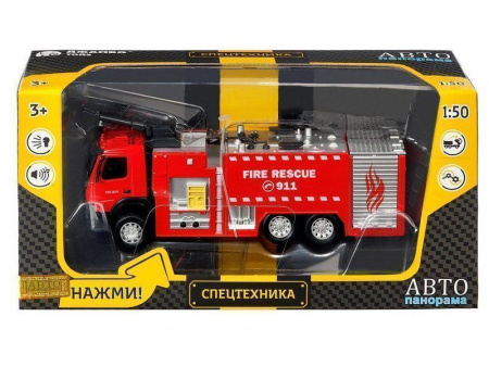 Фото Машина "АВТОПАНОРАМА" Volvo пожарная машина, красный, 1/50, свет, звук, в/к 28*14*10 см | Инномарт