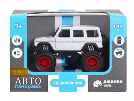 Фото Машина "АВТОПАНОРАМА" "Внедорожник", белый, 1/32, свет, звук, инерция, в/к 19*10*12,5 см | Инномарт