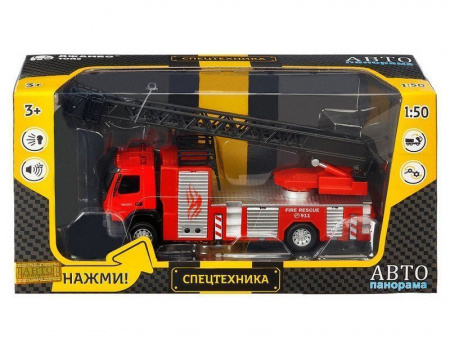 Фото Машина "АВТОПАНОРАМА" Volvo пожарная машина-лестница, красный, 1/50, свет, звук, в/к 28*14*10 см | Инномарт