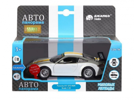 Фото Машина "АВТОПАНОРАМА" Porsche 911 GT3 RSR, серебряный, 1/32, свет, звук, инерция, в/к 17,5*13,5*9см | Инномарт