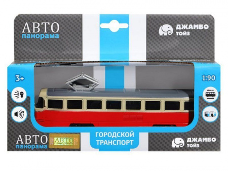 Фото Трамвай "Автопанорама", красный, 1/90, свет, звук, инерция, в/к 22*13,5*5,8 см | Инномарт